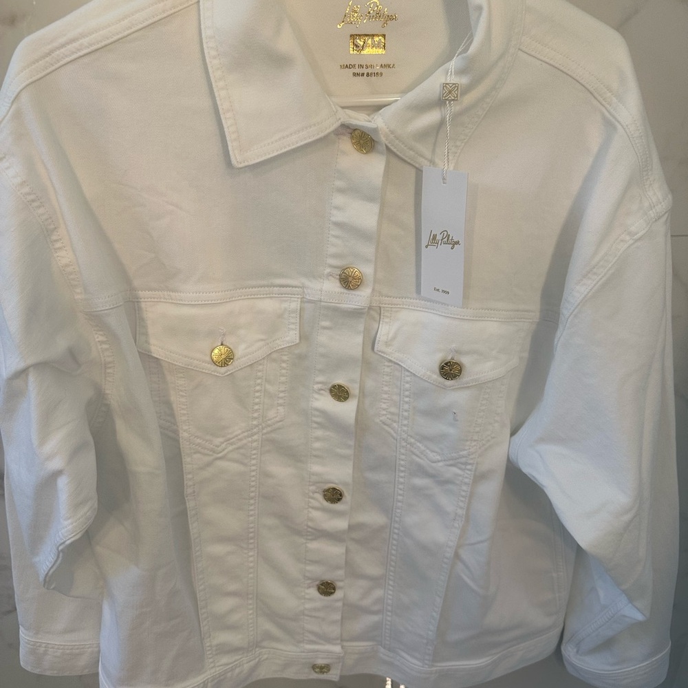 Lilly Pulitzer White Denim Jacket with Gold Buttons